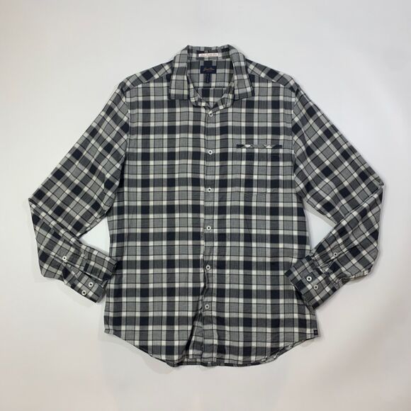 Good Man Shirt Men Medium Charcoal White Western Long Sleeve Checkered Button Up - Picture 2 of 9